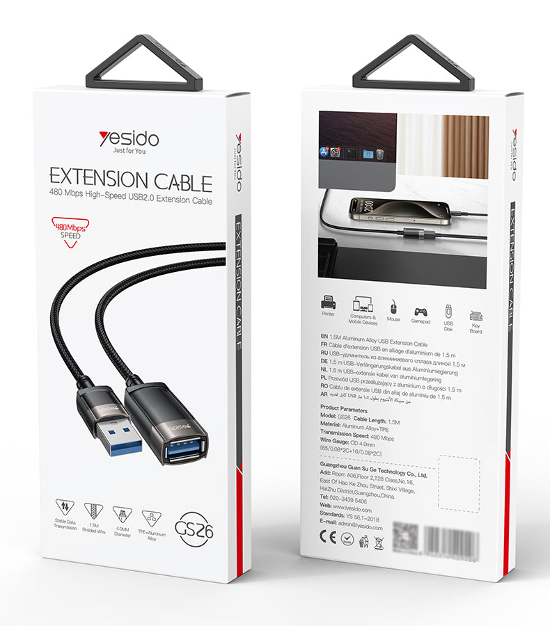 YESIDO GS26USB 2.0 Extension Cable - Aluminum Alloy, High-Speed - 1.5m