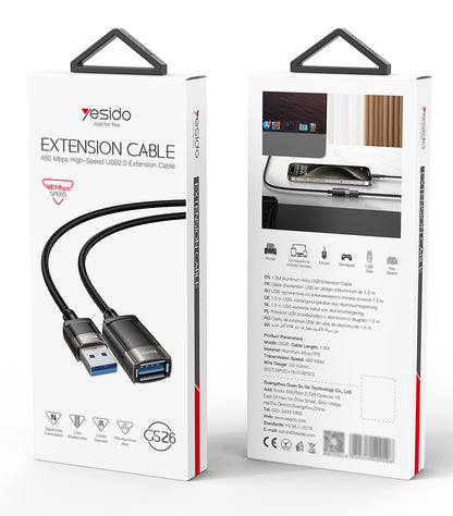 YESIDO GS26USB 2.0 Extension Cable - Aluminum Alloy, High-Speed - 1.5m