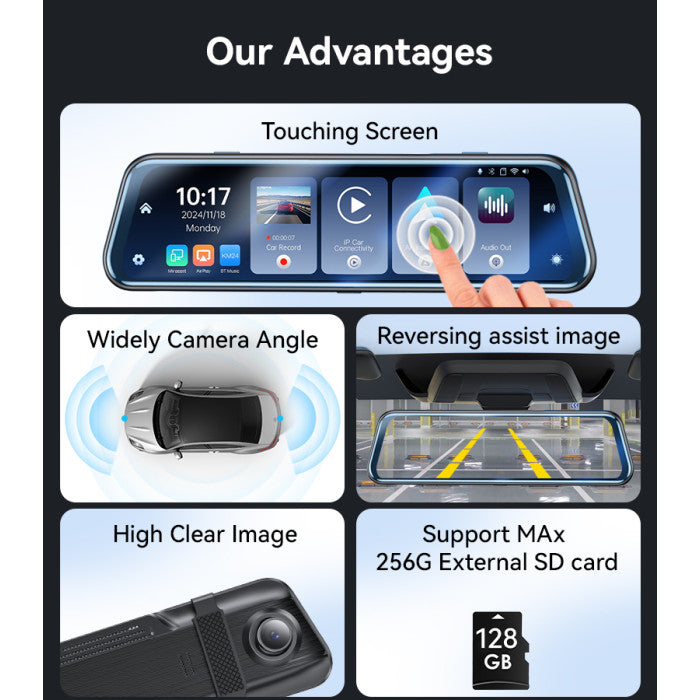 Yesido KM24 9.66 inch HD Image Reversing Assist CarPlay Streaming Rearview Mirror Dash Cam