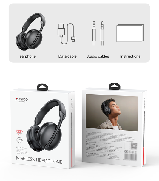 YESIDO EP08 BT5.3 ANC Active Noise Cancelling Wireless Headphones