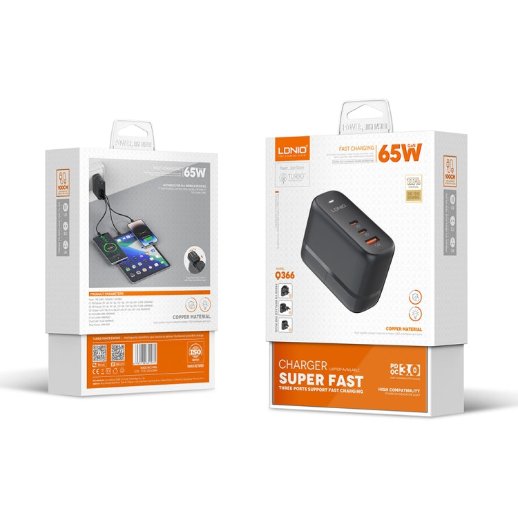 LDNIO Q366 65W USB + Dual Type-C Port Charger with 1m Type-C Data Cable