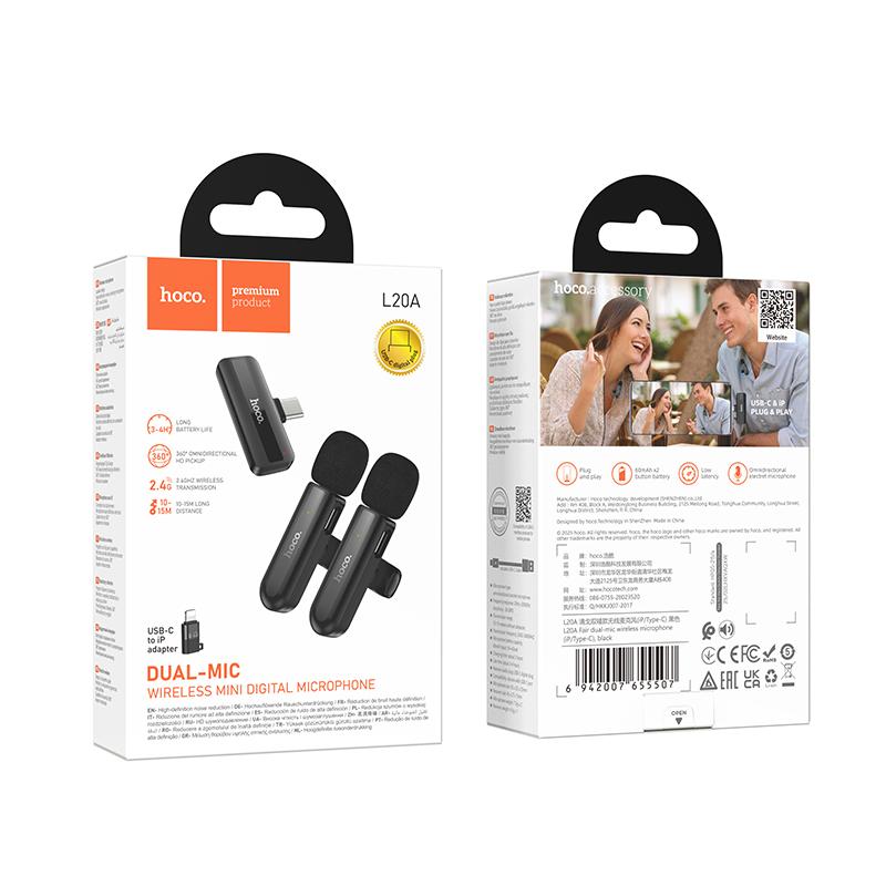 hoco L20A USB Type-C & Lightning (iPhone) Dual Lavalier Wireless Microphone