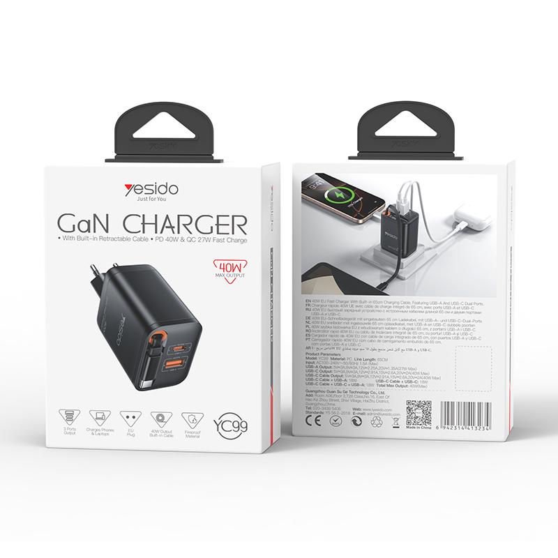 Yesido YC99 40W Fast Charger with retractable Type-C Cable