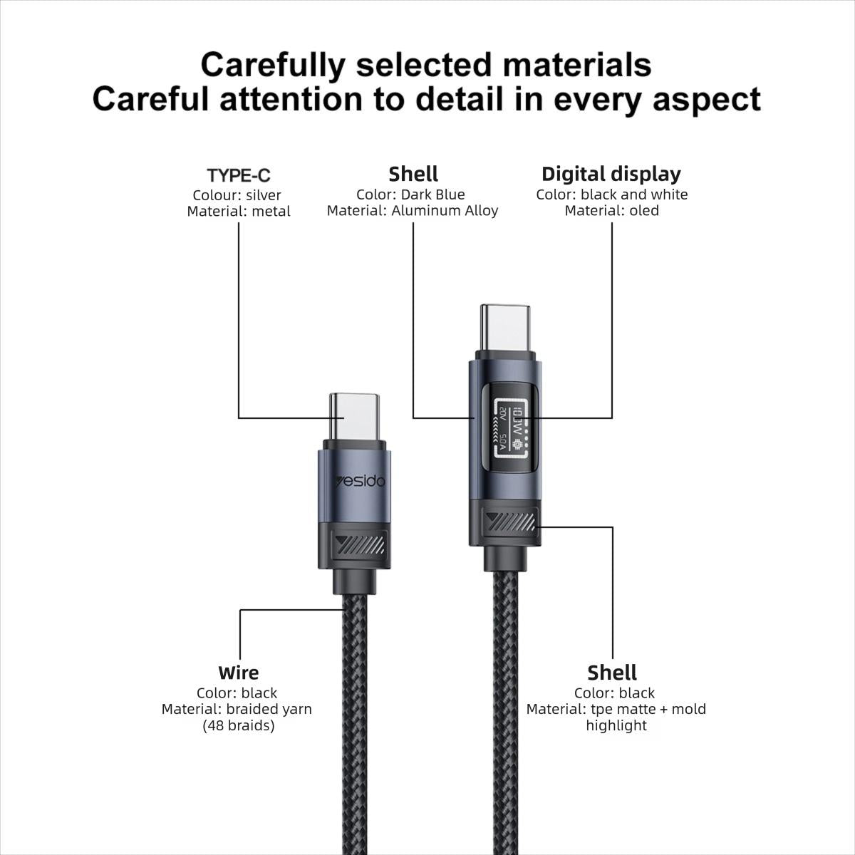 Yesido CA202 100W 5A Type-C to Type-C OLED Display Charging Data Cable - 1.2m
