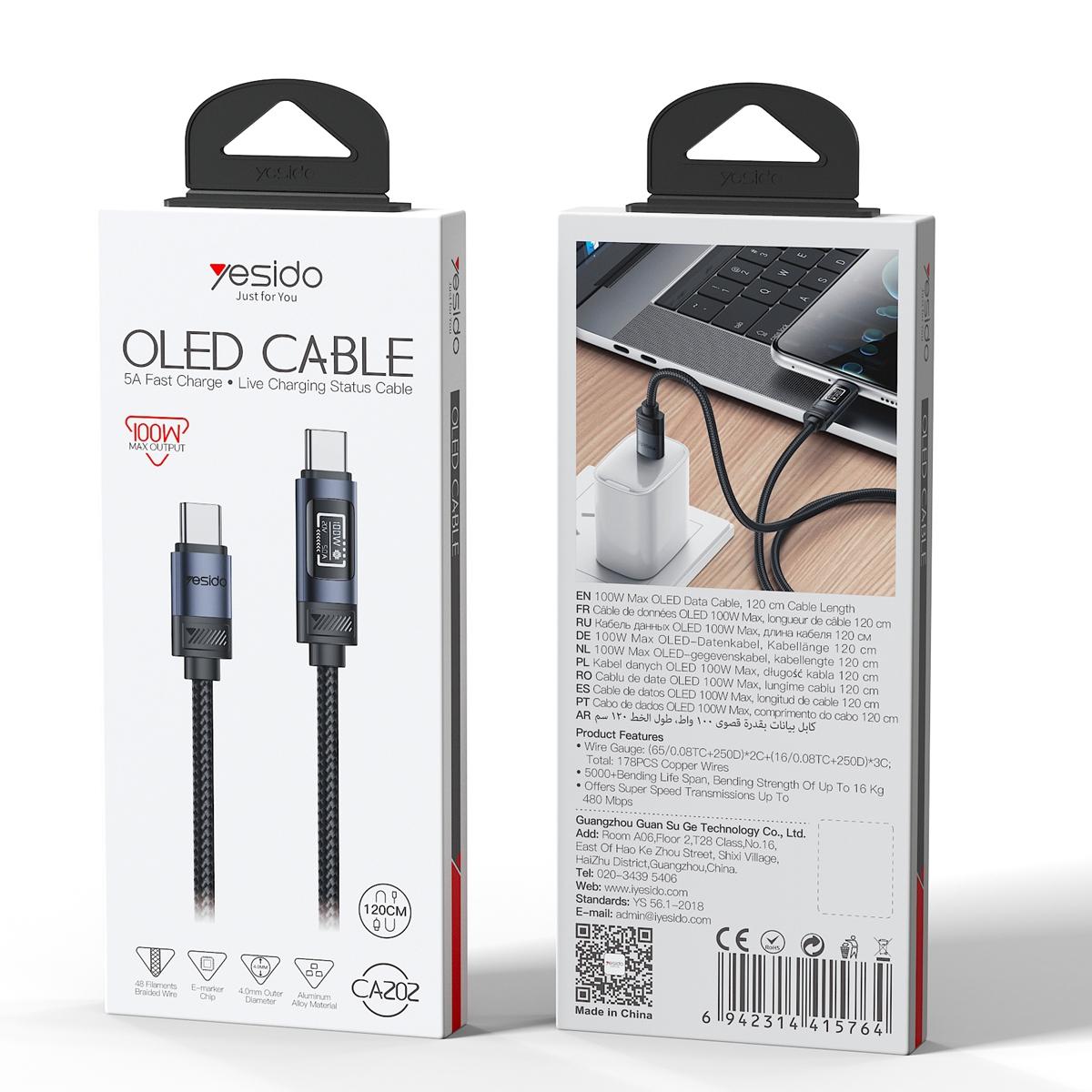 Yesido CA202 100W 5A Type-C to Type-C OLED Display Charging Data Cable - 1.2m