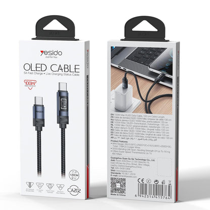 Yesido CA202 100W 5A Type-C to Type-C OLED Display Charging Data Cable - 1.2m