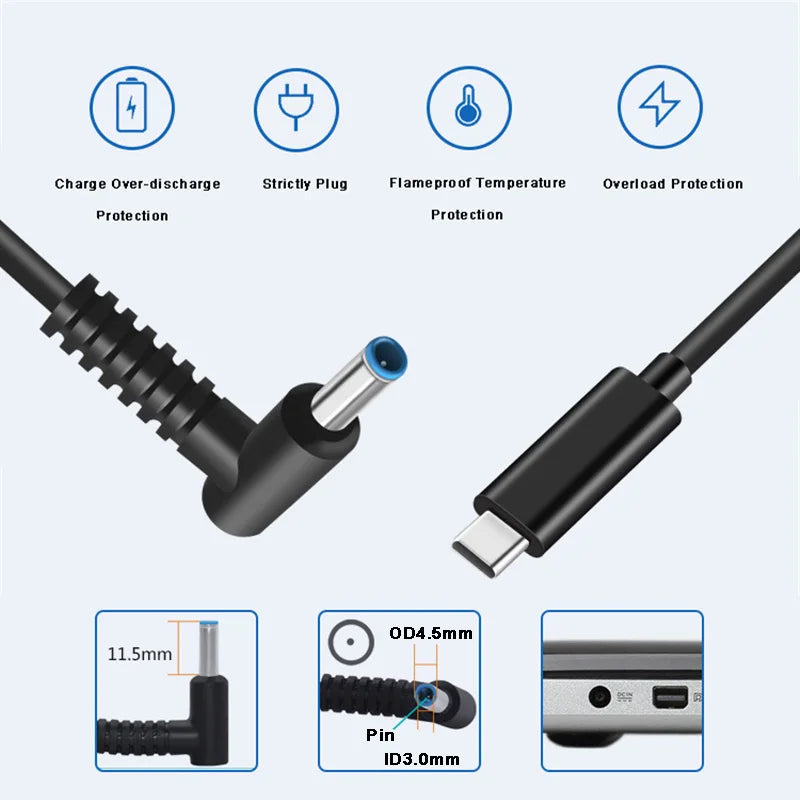 65W USB C to DC Charging Cable DC Jack 4.5 x 3.0 mm for HP Laptops