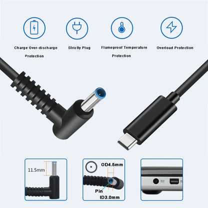65W USB C to DC Charging Cable DC Jack 4.5 x 3.0 mm for HP Laptops
