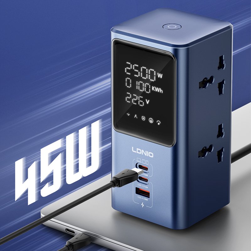 LDNIO SC2 45W PD charger 2500W universal power strip with LED