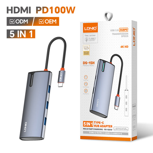 LDNIO DS-15H PD100W 5 in 1 Port USB C 3.0 Hub With 4k HDMI