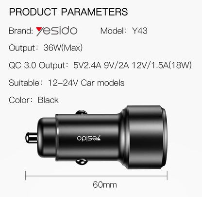 YESIDO Y43 36W Fast Car Charger