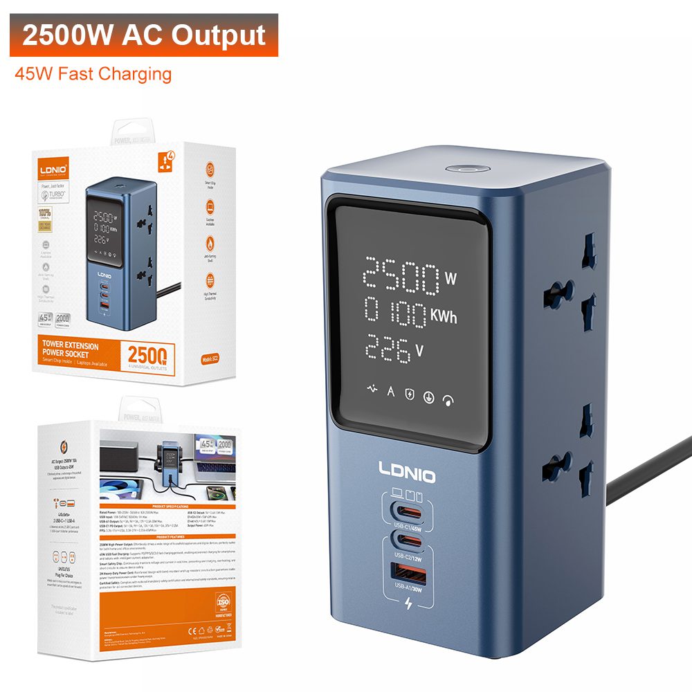 LDNIO SC2 45W PD charger 2500W universal power strip with LED
