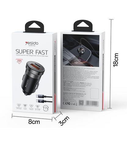 Yesido Y73 Dual Port ( Type-C & USB-A) Fast Car Charger - 30w