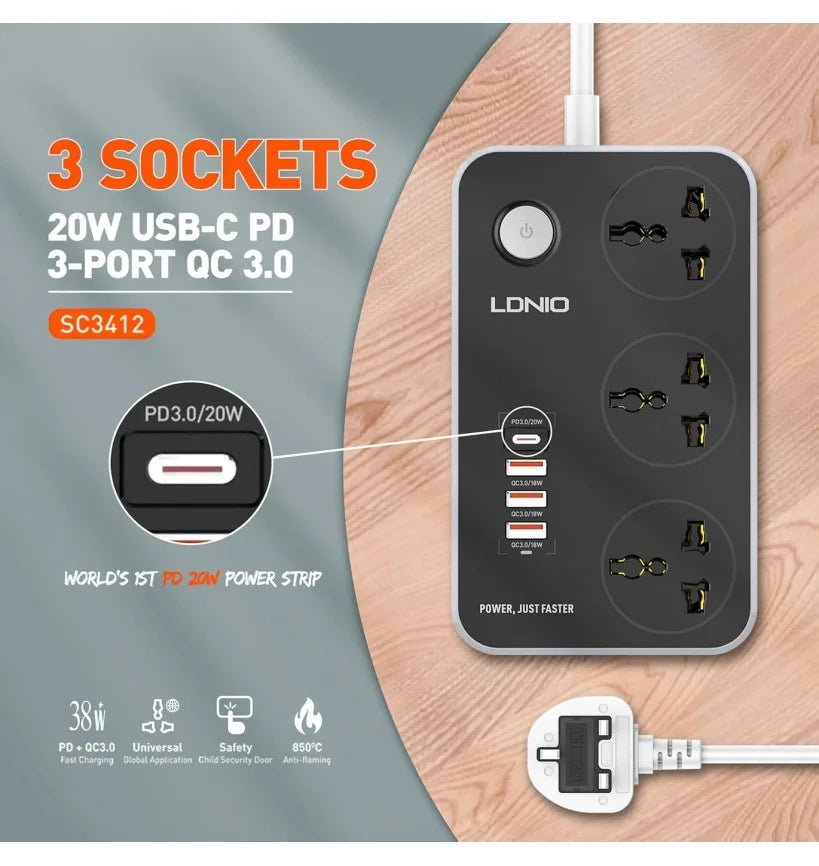 LDNIO SC3412 Power Strip with 3 AC Sockets + PD Type-C Ports