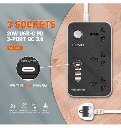 LDNIO SC3412 Power Strip with 3 AC Sockets + PD Type-C Ports