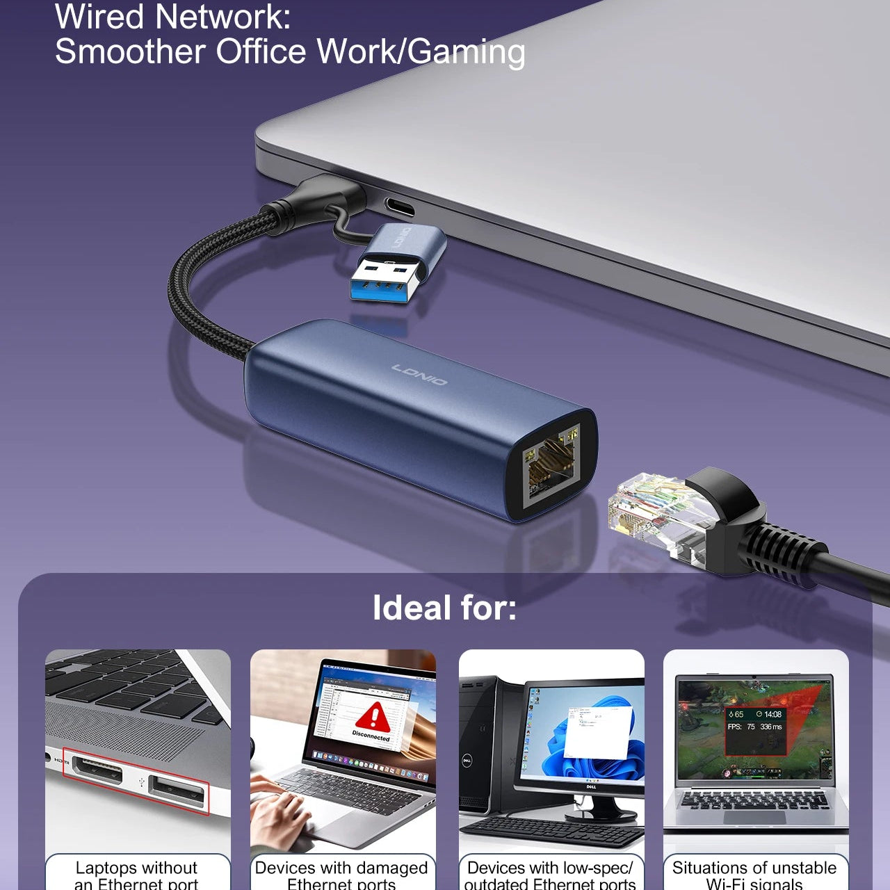 LDNIO RJ-01uc USB-A+C to Gigabit Ethernet Adapter