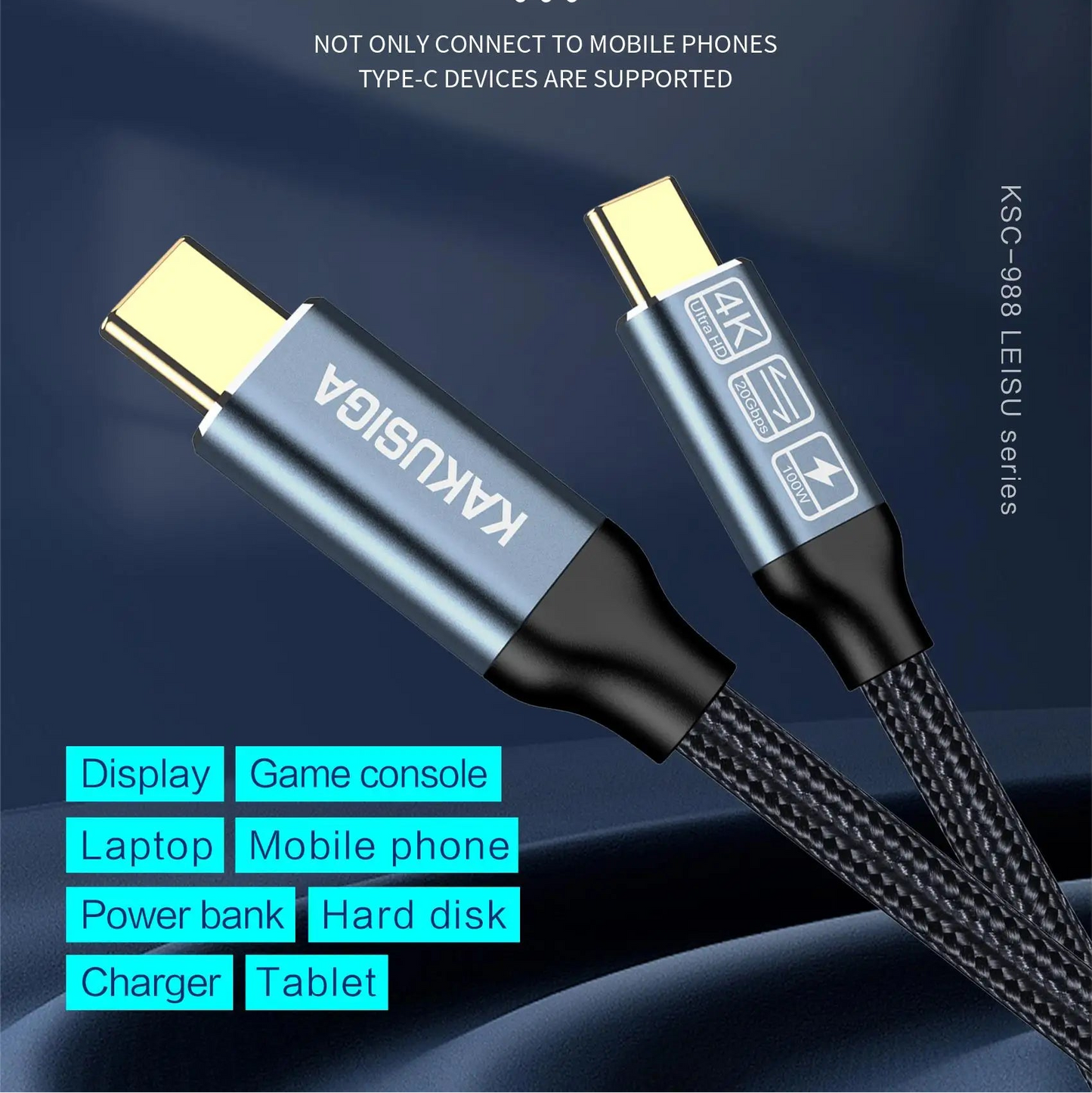 KSC-988 USB 3.2 Gen2, 20Gbps, 100W (4K@60Hz) Charging Cable - 2m