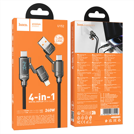HOCO U152 4-in-1 Fast Charging Cable, 240W with Digital Display