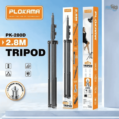Plokama PK-280D Professional Light Stand, Black Aluminum Alloy, 80-280cm Height, Foldable Photography Tripod with 1/4 Screw Mount for Studio, Content Creation