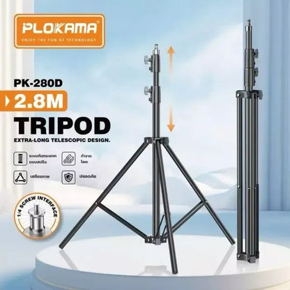 Plokama PK-280D Professional Light Stand, Black Aluminum Alloy, 80-280cm Height, Foldable Photography Tripod with 1/4 Screw Mount for Studio, Content Creation