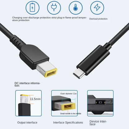65W USB C to DC Charging Cable Rectangle DC Jack 11.0 x 4.5mm for Lenovo Laptops