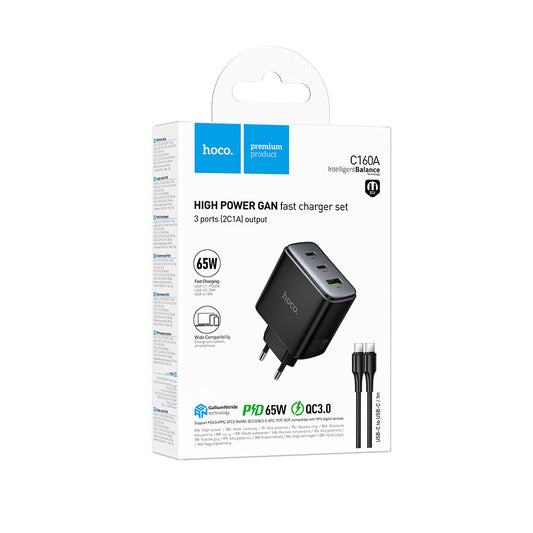 HOCO C160A 65W GaN Fast Charger USB C PD Wall Charger 3 Port Adapter