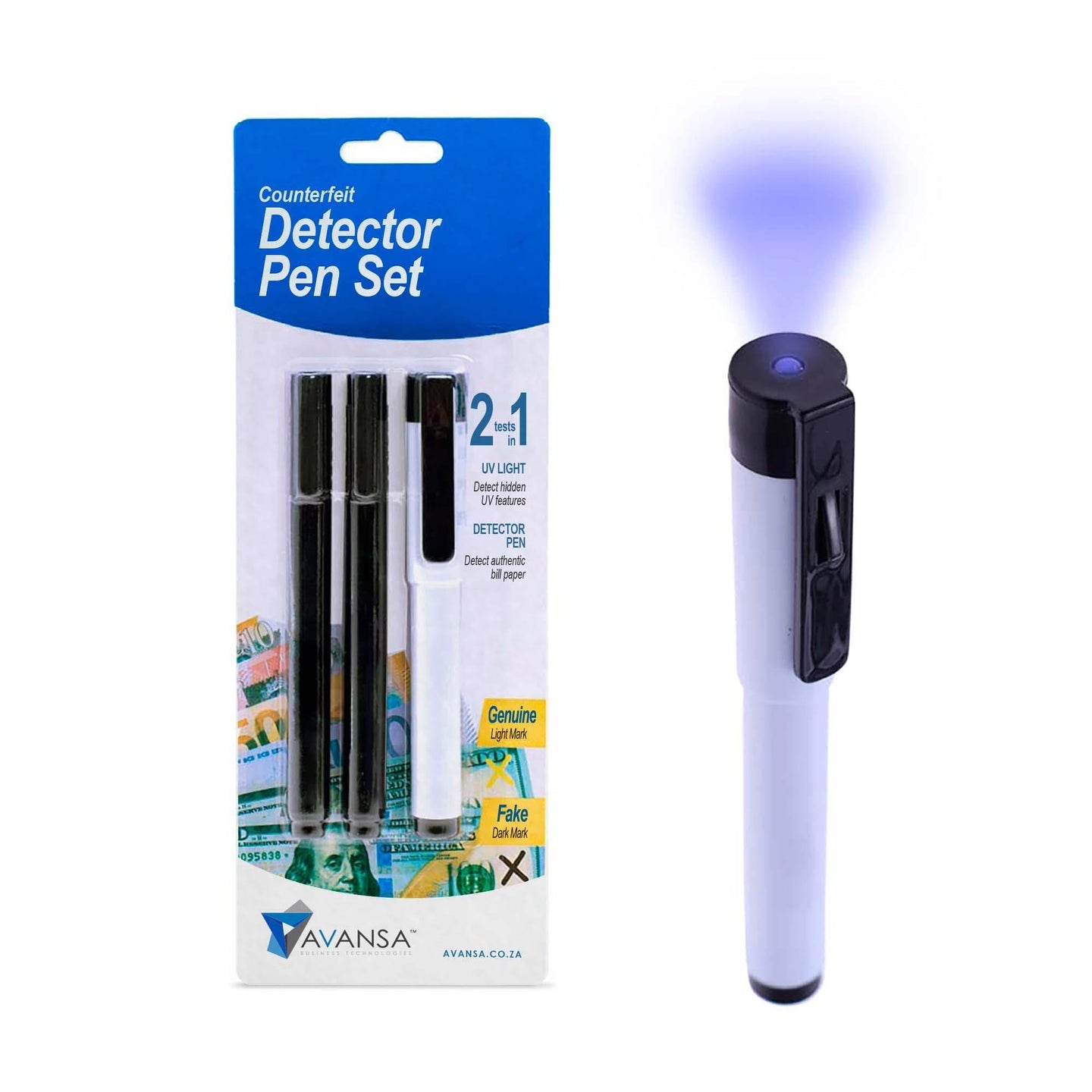 Avansa Counterfeit Detector Pen with UV light - 3 pack