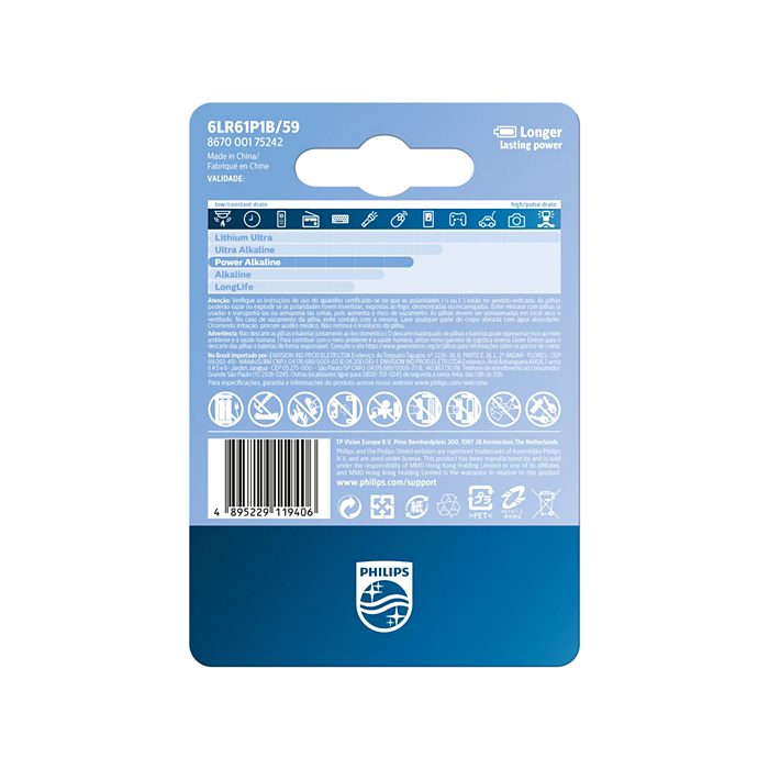 Philips Power Alkaline 6LR61 Battery 9V