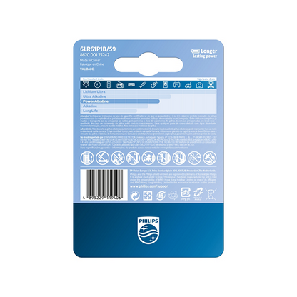 Philips Power Alkaline 6LR61 Battery 9V