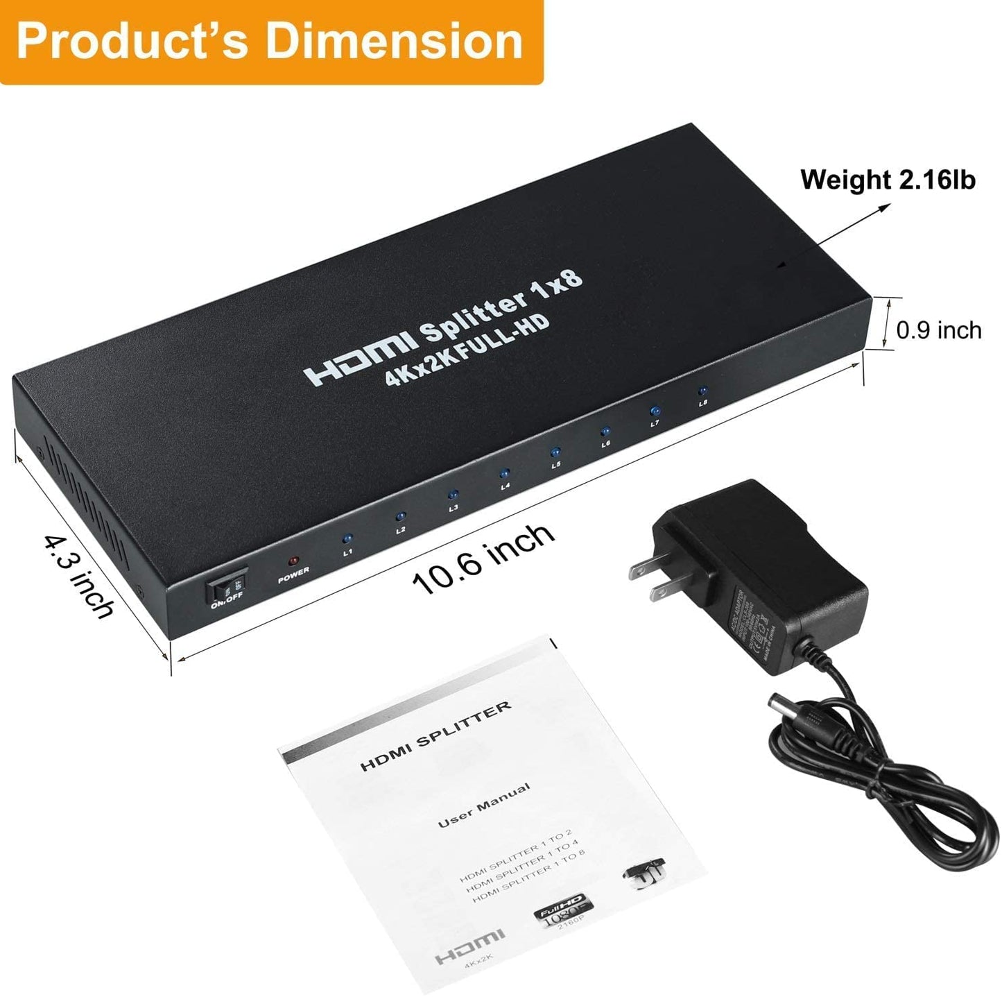 1x8 HDMI Splitter 1 in 8 Out 4K@30Hz