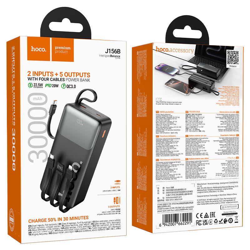Hoco J156B 30000mAh Power Bank - Fast Charging ,4 Built-In Cables