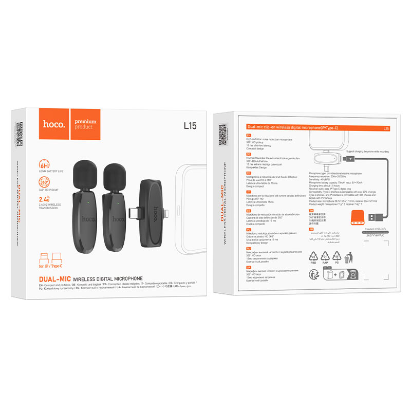 Hoco L15 2 in 1 Wireless Lavalier Microphone
