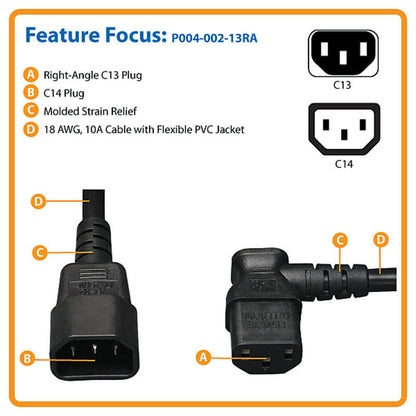 Pollen Right-Angle C13 to C14 Power Extension Cord, 10A, 250V, 18 AWG - 1.5m