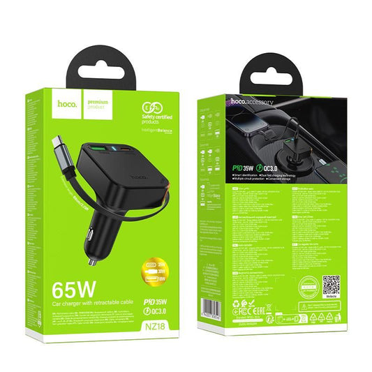 Hoco NZ18 PD65W USB & Type-C Port Car Charger with Type-C Retractable Cable