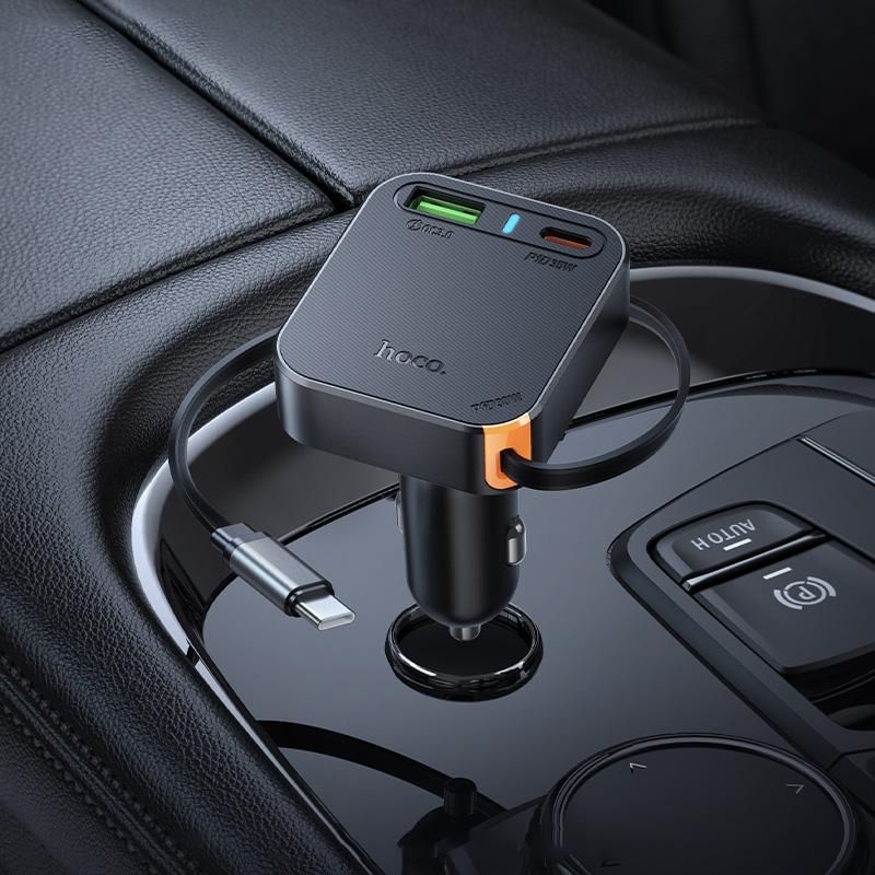 Hoco NZ18 PD65W USB & Type-C Port Car Charger with Type-C Retractable Cable