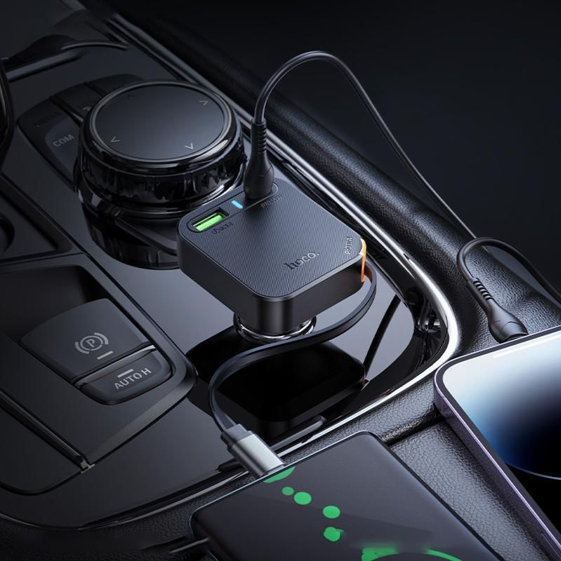 Hoco NZ18 PD65W USB & Type-C Port Car Charger with Type-C Retractable Cable